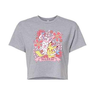 Women's - Pokémon - Valentine Florals Pikachu Sylveon Cropped Graphic T-Shirt
