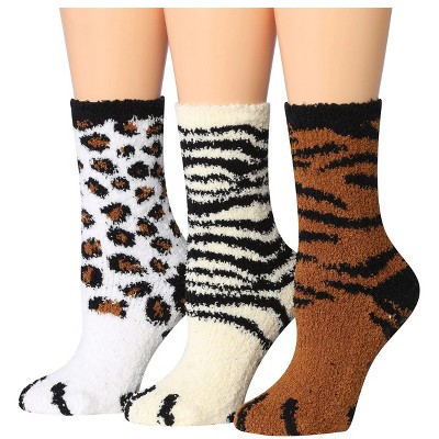 Tipi Toe Women's 3-Pairs Cozy Microfiber Anti-Skid Soft Leopard Striped Pattern Fuzzy Crew Socks