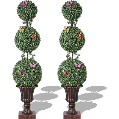 3 FT Artificial Double Ball Topiary Trees Artificial Plants Outdoor with Vines & Insects Decoration Topiary Trees for Home Offices Porch Decor, 2PCS