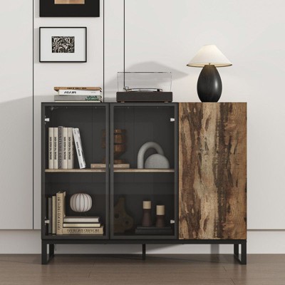 Famapy Contemporary Multi-Mode Lighting Display Cabinet,Storage Organizer with LED Light,Glass & Press-to-Open Doors,Bookshelf for Living Room & Study