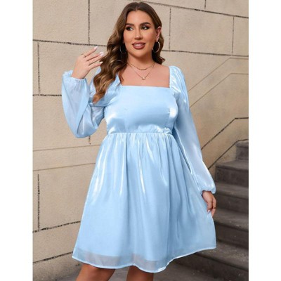 Coolmee Womens Plus Size Casual Square Neck Babydoll Mesh Puff Long Sleeve A-Line Mini Dress