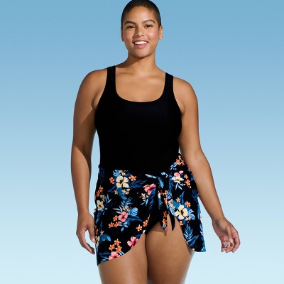 Lands' End Women's One Piece Swimsuit with Faux Pareo - Black