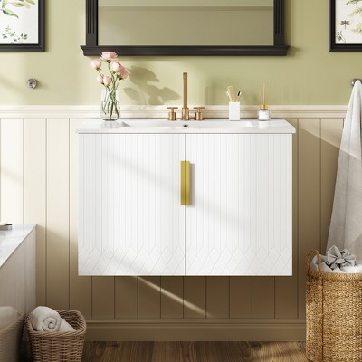 LOVSON 30'' Vintage Bathroom Vanity with Ceramic Sink, Single-Hole Three-Hole Design, Bathroom Storage Cabinet with Two Soft-Close Doors