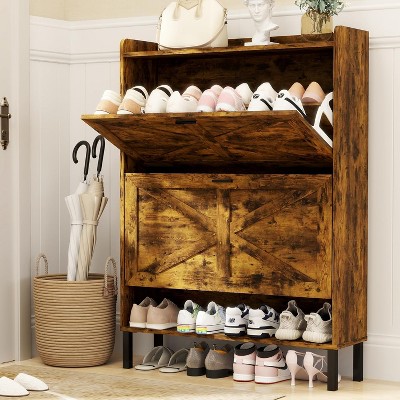 TIRAMISUBEST White Wooden Shoe Cabinet with 2 Flip Drawers - Narrow Entryway Storage for Shoes, Hallway or Living Room