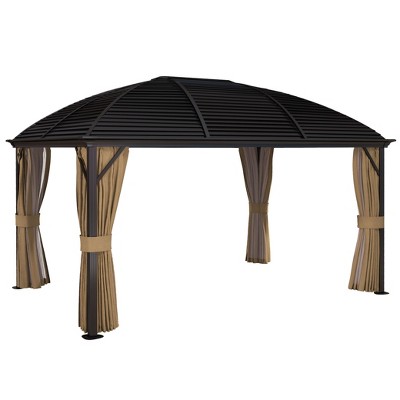 Outsunny Hardtop Gazebo  Pavilion with Curtains, Netting, Steel Roof, Aluminum Frame, and Ceiling Hook for Garden, Patio