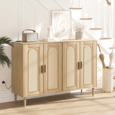 Sideboard Buffet Cabinet, 4 Rattan Doors Accent Storage Cabinet with Adjustable Shelves for Living Room
