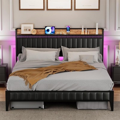 Bed Frame with Charging Station, LED Bed Frame with Storage Headboard, Upholstered Platform Bed Frame, No Box Spring Needed, Easy Assembly