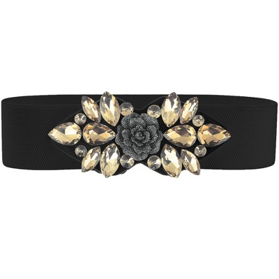 INSPIRE CHIC Women's Vintage Elegant Rose Flower Rhinestone Embellished Elastic Waist Belt 1Pcs