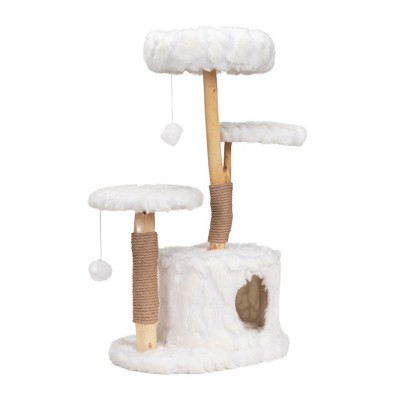 Kumasinova Modern Cat Tree with Natural Wood Branch,Cat Tower with Scratching Post,Multi-Level Cat Tree Tower with Plush Perches&Cat House,White