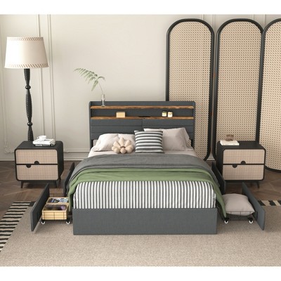 Full Size Upholstered Platform Bed with 4 Storage Drawers, LED Light and Charging Station
