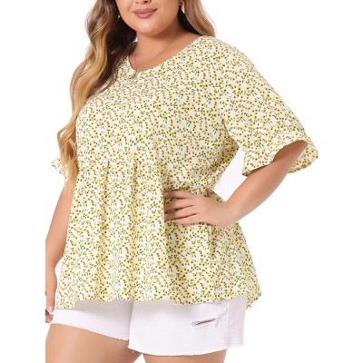 Agnes Orinda Women's Plus Size Floral Pleated V Neck Short Sleeve Tiered Babydoll Blouses