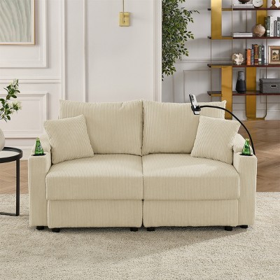 Modern Corduroy Loveseat with Storage - 22.5" Deep Seat Sofa Chair with Cup Holders & Phone Pockets, Solid Wood Frame for Living Room