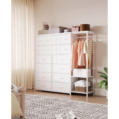 Clothes Rack with 16 Fabric Drawers, Portable Closet Wardrobe with 2 Shelves and Hanging Rod, Heavy Duty Garment Rack, Storage Organizer White