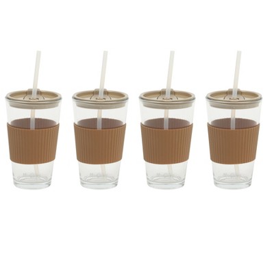Mr. Coffee Sip Savvy 4-Pack 15oz Glass Tumblers with Lids and Straws