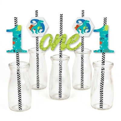 Big Dot of Happiness 1st Birthday Roar Dinosaur - Paper Straw Decor - ONEasaurus Dino First Birthday Party Striped Decorative Straws - Set of 24