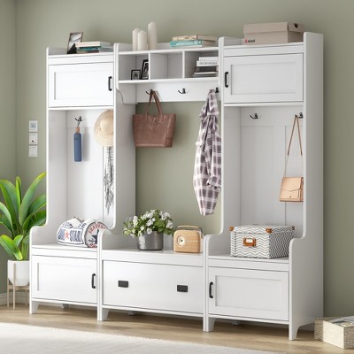 Modern Style 4-in-1 Multifunctional Hallway Coat Rack with 7 Metal Black Hooks and Storage Drawers - ModernLuxe