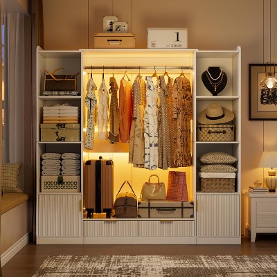 PAKASEPT 64.9" W Freestanding Walk-in Closet Organizer System with 6 Storage Cabinet & Hanging Rods & 2 Wood Drawers and Led Light