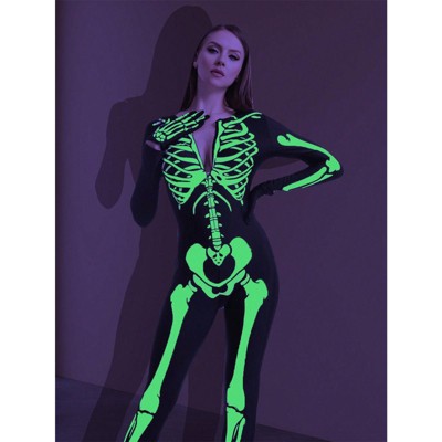 Clotth Women's Costume - Print Long Sleeve Jumpsuit, , Glow in the Dark, Halloween Party Dress, Black