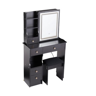 SEVOBAL Dressers Vanity Table Set with Sliding Mirror and Cushioned Stool for Small Bedroom, Black, 29.2"*12.6"*50.4"
