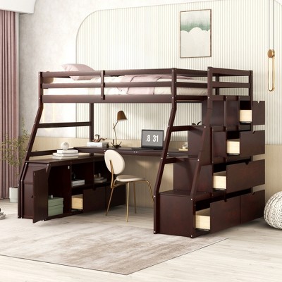 TiramisuBest Twin Loft Bed with 7 Drawers, 2 Shelves & Desk,Gray, Space-Saving Kids Bedroom Furniture