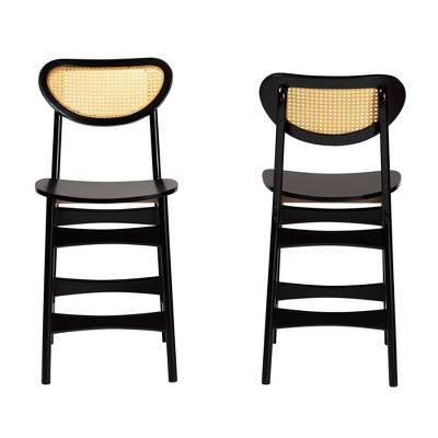Baxton Studio Hesper Wood and Rattan 2pc Counter Height Barstool Set Dark Brown/Light Brown: 24" Fixed Seat, Rubberwood Frame