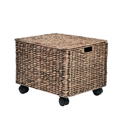 happimess Ashton Classic Farmhouse Handwoven Hyacinth Rolling Filing Basket with Lid and 360 Degree Lockable Wheels