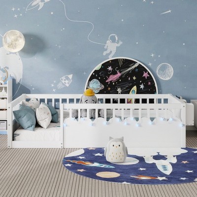 Hrinhom Twin Size Wood Platform Bed,Kids Floor Beds with Light and Storage Shelf