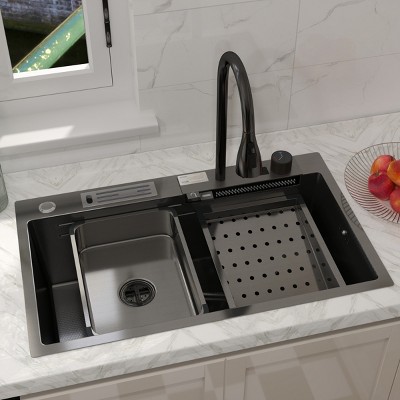 CHEVNI Kitchen Sink Stainless Steel Single Bowl Waterfall Faucet Drop In Top Mount Basin