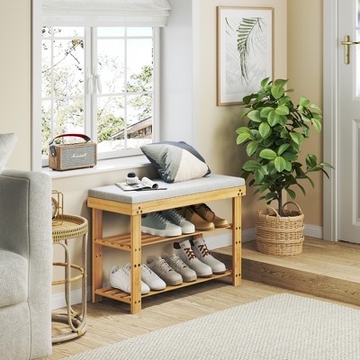 MAYEERTY 3 Tier Shoe Racks Bamboo Shoe Bench Entryway with Cushion and Adjustable Shelves for Hallway Mudroom living Room Khaki