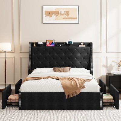 Set of 2 Queen Bed Frame with Storage, 4 Under Bed Drawers and Wingback Headboard, Type-c and USB Ports, Diamond Tufted Upholstered Platform