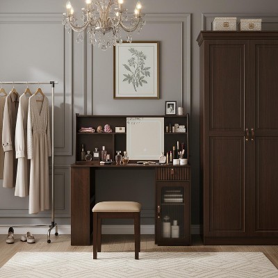 Homy Casa Vanity Table with LED Mirror Storage Hutch and Stool for Bedroom or Dressing Area, Walnut