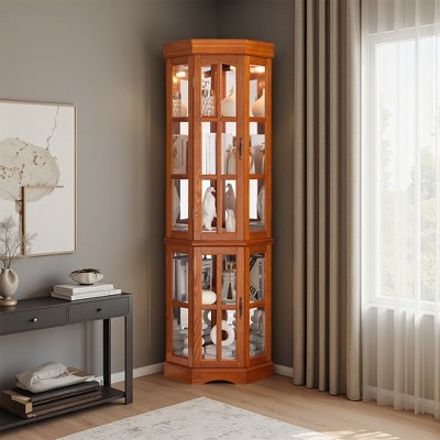 SpassWay 71"H Two Tone Option 5 Shelf Lighted Corner Cabinet for Living Room (Walnut Oak)