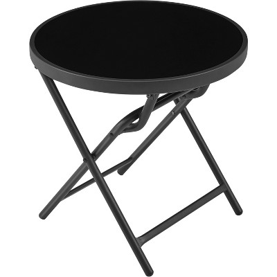 Yaheetech Folding Side Table  with Silk Glass Tabletop, Black