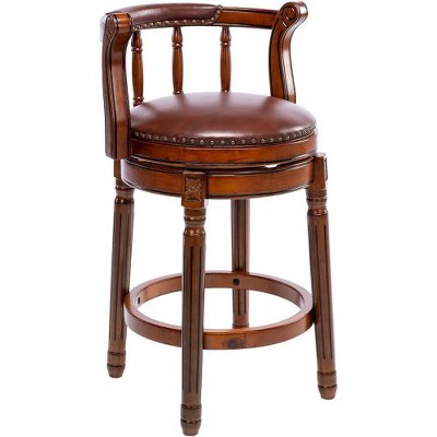 Lyngins Counter Height Bar Stool (29.5" Seat Height), 360° Swivel Bar Stool, Cow Top Leather Upholstery, Wooden Counter Stools with Curved Backrest
