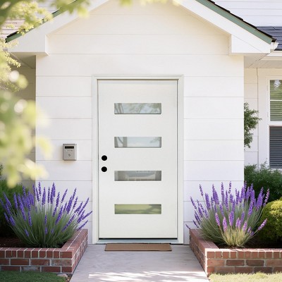36 x 80 inch Fiberglass Entry Door with Brickmould Down Fiberglass Door with Vinyl Frame and 4-Lite Frosted Glass Right Hand Inswing
