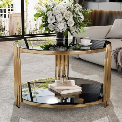 Glass Coffee Table Round Center Table Cocktail Table Accent Table Sofa Table with Gold Metal Drum Frame, Transparent/Black/Brown-ModernLuxe