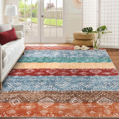 Washable Area Rug Vintage Boho Geometric Print Rug for Bedroom Living Room