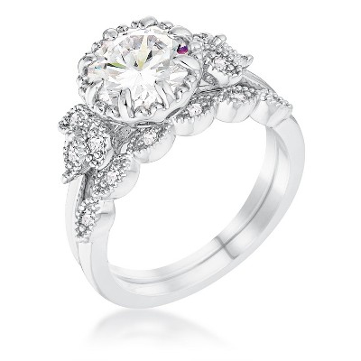 Slickblue Vintage-Inspired Rhodium-Plated 2.49 Ct. Round Cut CZ Engagement Ring, Laurel Leaf Detail, Sizes 5-10