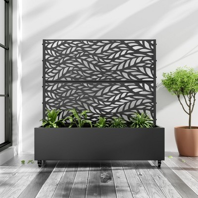 PexFix 47 in. x 47 in. Outdoor Metal Trellis with Planter Box in Leaf Pattern in Black