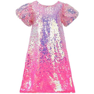 2Bunnies Girls' Bubble Gum Sequin Puff Sleeve Dress