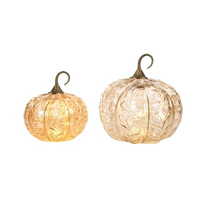 Transpac Glass Light Up Pumpkins with Petal Detail - Fall Decorative Objects for Home Decor and Seasonal Celebrations