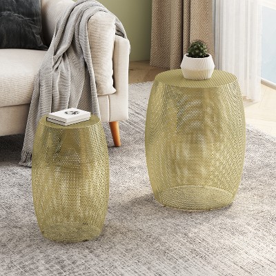 GDFStudio Emory 2 Piece Modern Round Metal Hollow Side Table Set, Gold