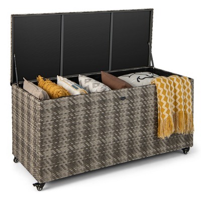 Costway 96 Gallon Patio Rattan Storage Deck Box Container Garden Liner Wheels Mix Brown/Grey