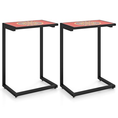 Tangkula 2PCS Mosaic Outdoor C-Shaped End Table w/ Ceramic Tile Top Sturdy Metal Frame