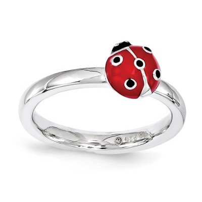 Black Bow Jewelry Sterling Silver Stackable Red & Black Enamel 8mm Ladybug Ring
