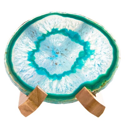 Luxury Lane Large Natural Brazilian Agate Slice Geode Rock Stone Drink Coaster with Wood Holder