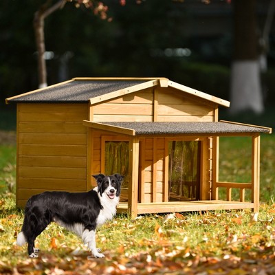 SEVOBAL Large Wooden Dog House Outdoor, Outdoor and Indoor Dog Crate, Cabin Style, With Porch, 2 Doors, Brown (47.2"*37.4"*32")