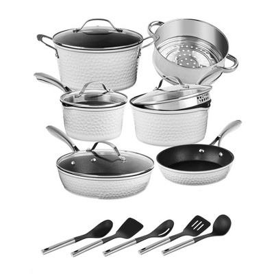 Granitestone Charleston Collection Hammered White 15-Piece Nonstick Cookware Set with Utensils