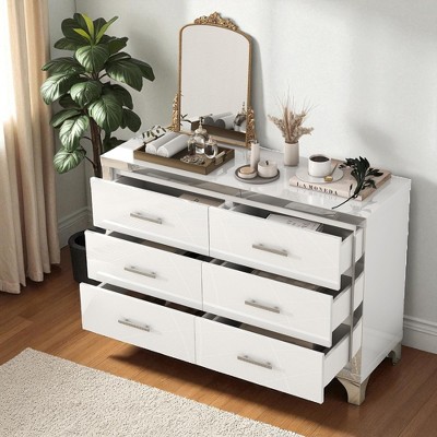Modern 6-Drawer Dresser with High Gloss Finish, Metal Handles & Anti-Tip Kit, Sideboard Buffet, MDF Storage Cabinet for Bedroom or Living Room