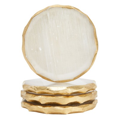 Juvale 4 Pack Natural Selenite Crystal Coasters for Drinks, Geode Slices with Gold Edge Trim, 3.75-4 In